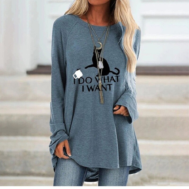 Autumn Women Casual Cartoon Cat Printing Long Sleeved Letters Top