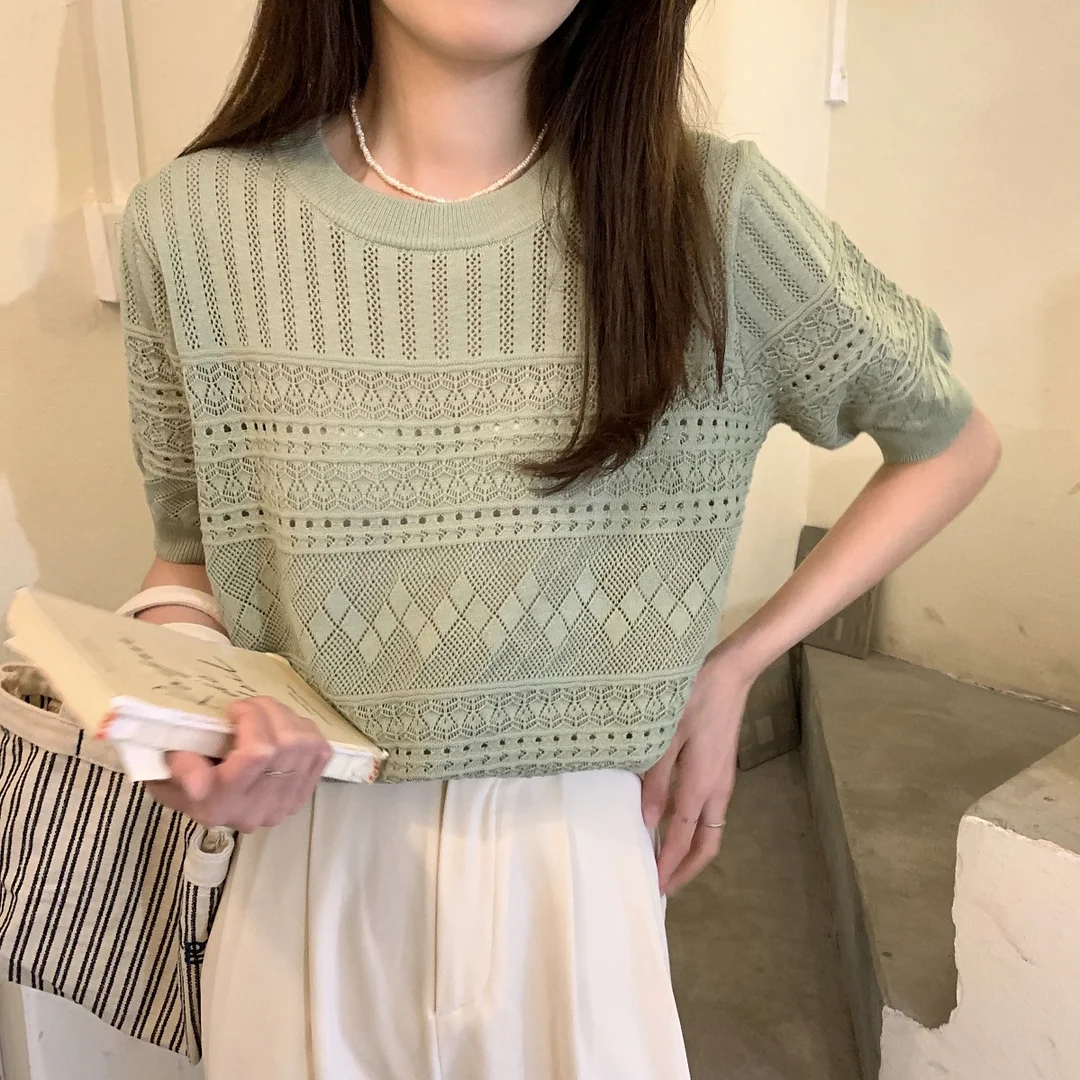 Uveng Uveng T-Shirt Girl Summer New Hollow Hook Design Temperament Round-Neck Short-Sleeved Top In The Wind Trend