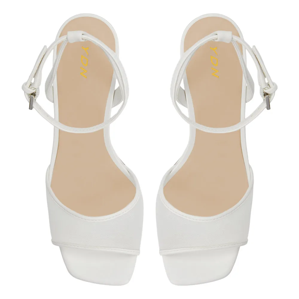 White Mesh Open Square Toe Ankle Strap Chunky Heel Platform Sandals