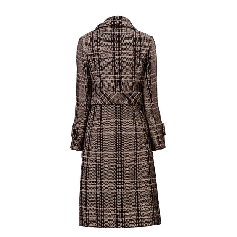 Woolen Coat Women Mid-Length Autumn Winter New Long Section Over The Knee Thick Warm Fashion Houndstooth Tartan Woolen Jacket