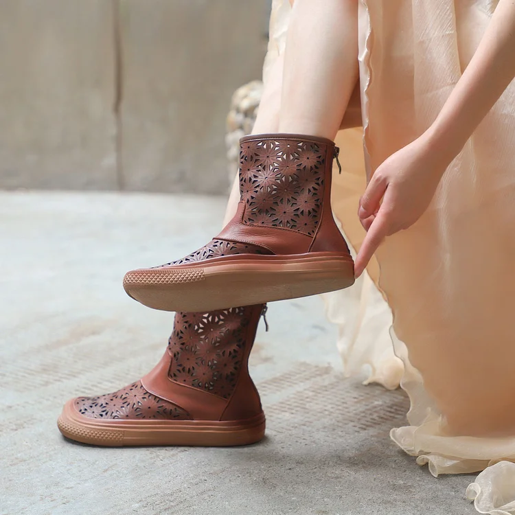 Handmade Genuine Leather Summer Boots Cut Out Breathable Zip Short Boots Beige/Coffee shopify Stunahome.com