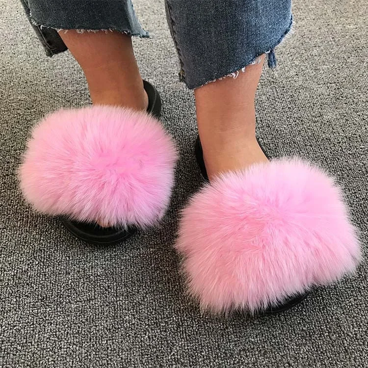 Hot Summer Women Fox Fur Slippers Real Fur Slides Female Indoor Flip Flops Casual Raccon Fur Sandals Furry Fluffy Plush Shoes