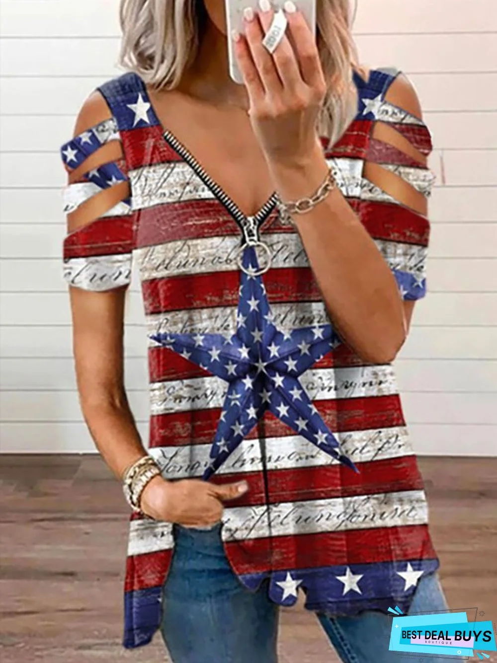 Women's Casual Weekend Independence Day Painting T shirt Tee American Flag National Flag Short Sleeve Cold Shoulder Quarter Zip V Neck Basic Tunic Top Royal