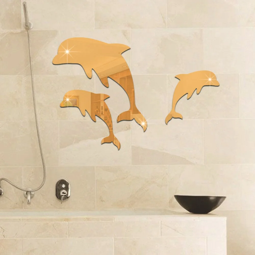 3pcs Dolphin Ocean Animal Decor Mirror Sticker Decorative Mirrors Irregular Plastic Floor Mirror Bathroom Decor Bedroom Acrylic