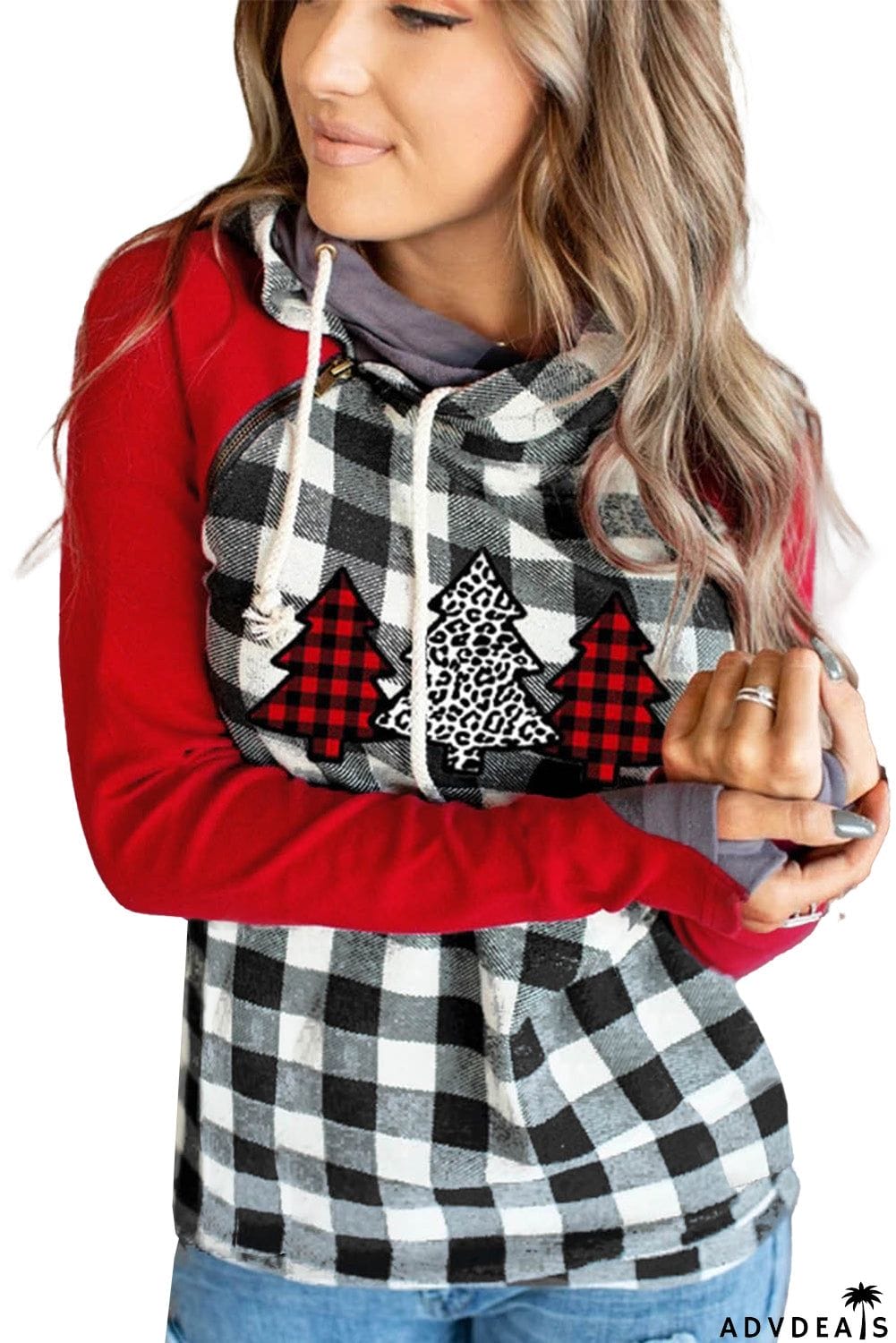 Christmas Tree Plaid Pattern Asymmetric Zip Hoodie