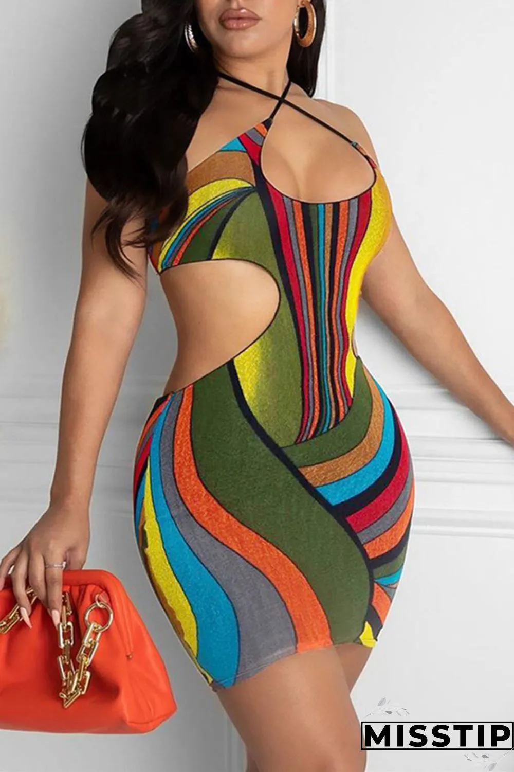 Multicolor Fashion Sexy Print Hollowed Out Backless Spaghetti Strap Sleeveless Dress
