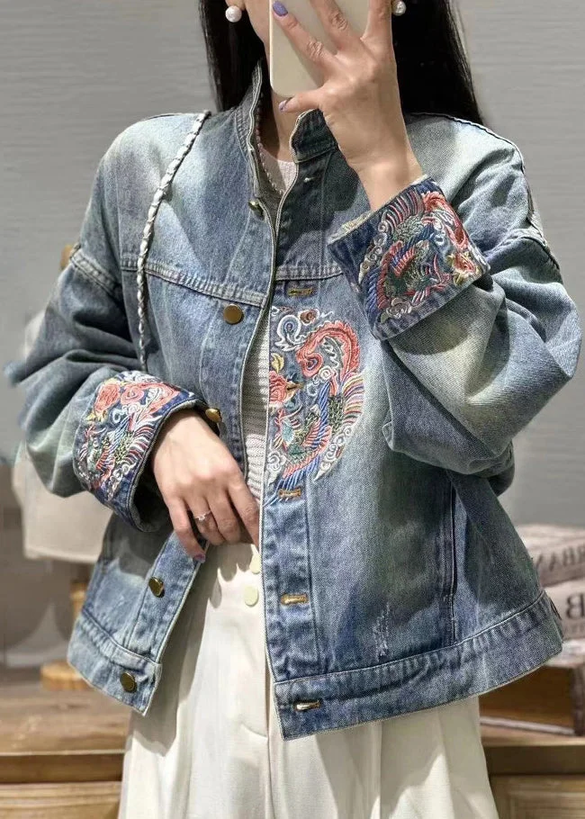 French Blue Embroidered Button Denim Coats Spring