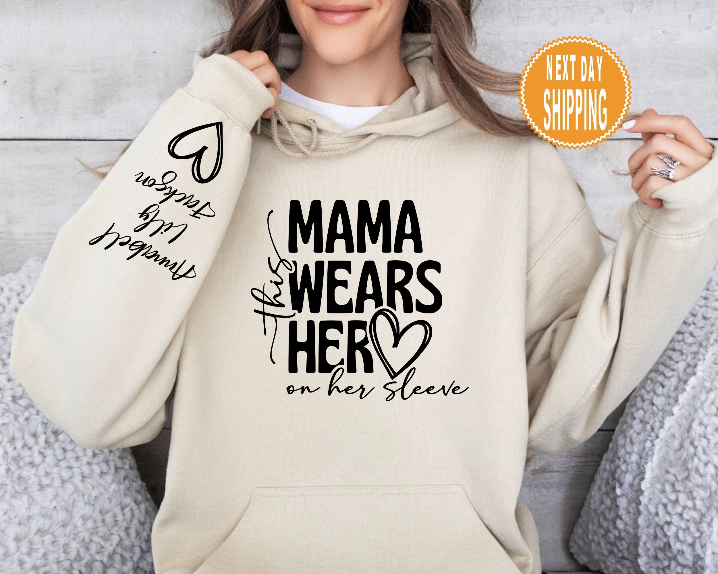 Loveyoufancy This Mama Wears Her Heart on Her Sleeve Hoodie, Personalized Mama Sweatshirt, Mother's Day Gift