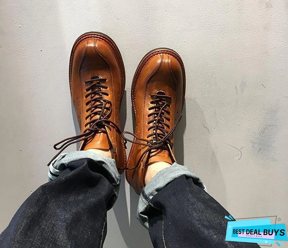 Vintage Genuine Leather Boots Full Grain Ankle Designer Shoes Men High Quality Fall Booties Short Brown Lace Up