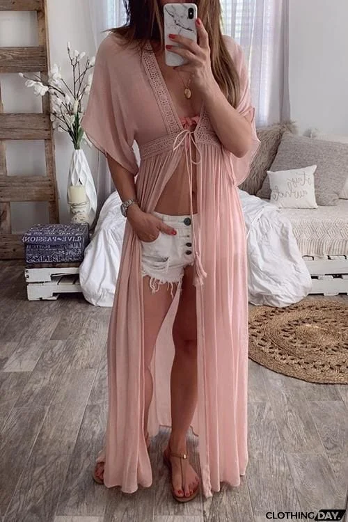 Crochet Lace Insert Long Cardigan