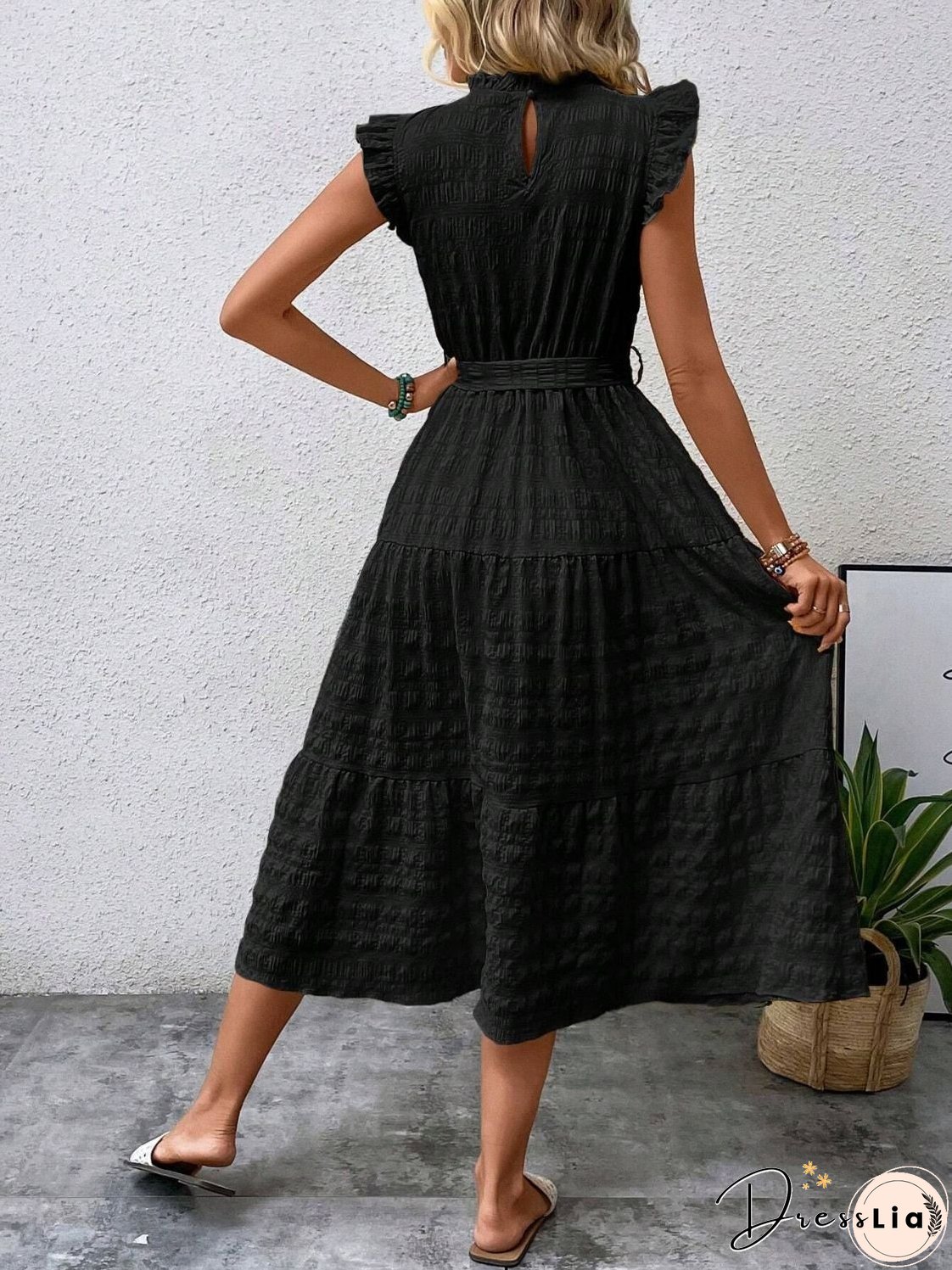 Tied Ruffled Cap Sleeve Midi Dress