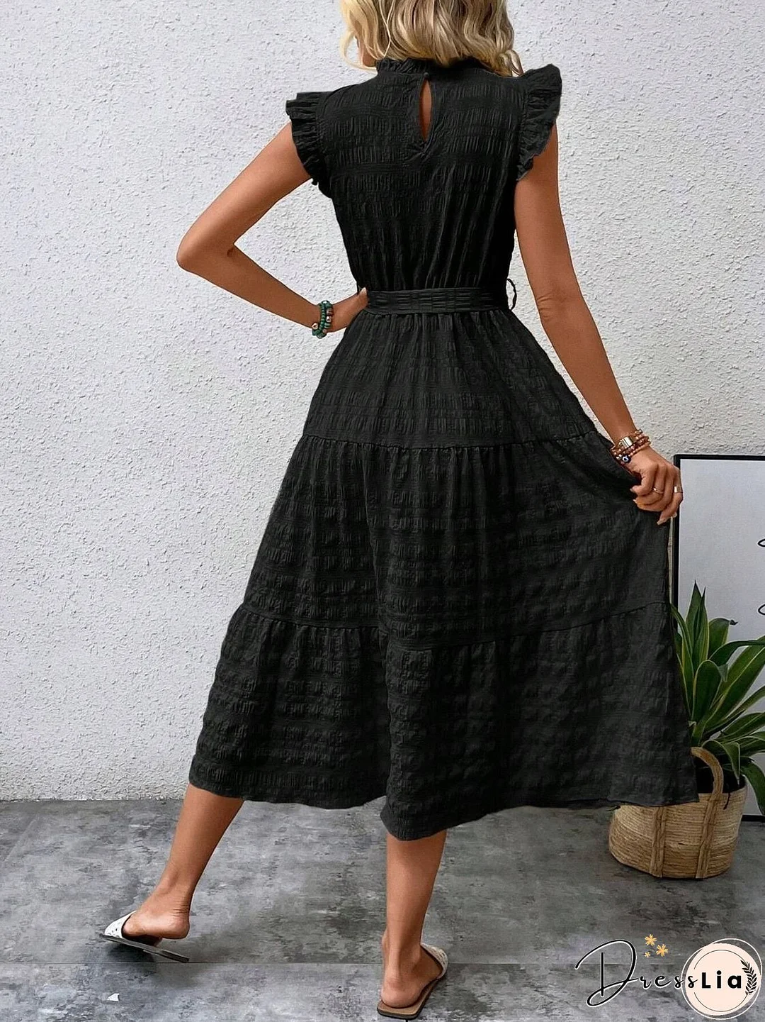Tied Ruffled Cap Sleeve Midi Dress