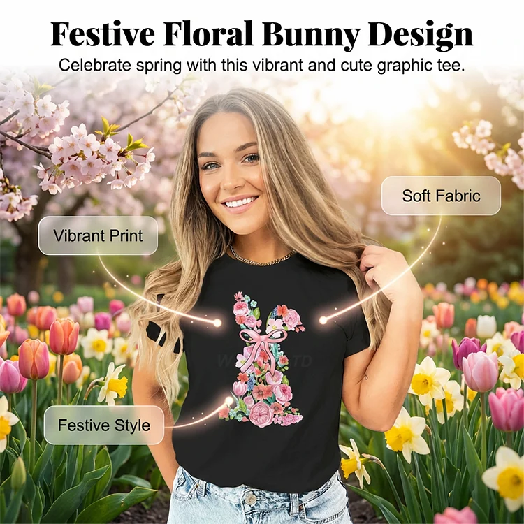 T-shirt Donna con Grafica Coniglietto Floreale per Pasqua