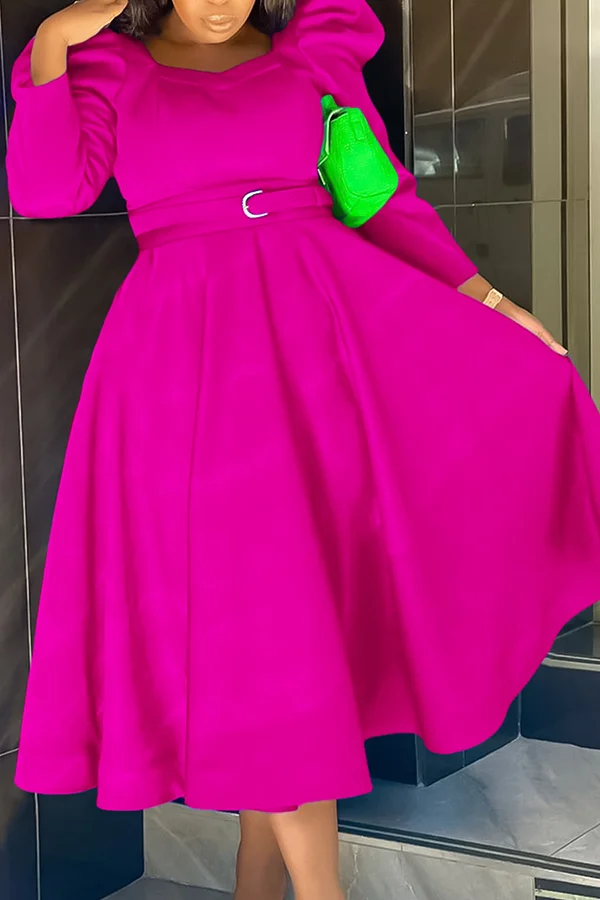 Elegant Puff Sleeve Solid Color A-Line Belt Midi Dress