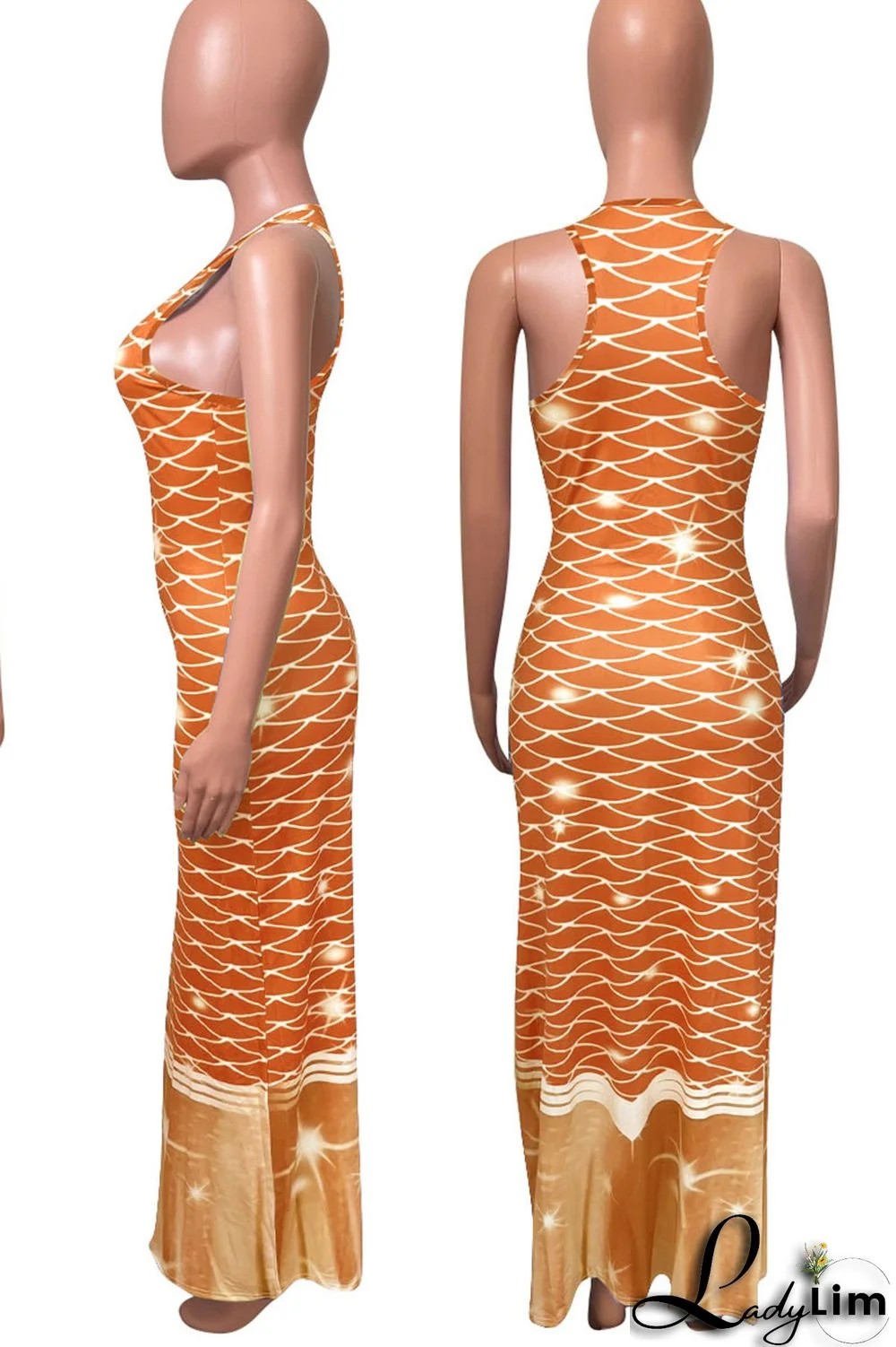 Tangerine Red Casual Print Split Joint U Neck Vest Dress Dresses