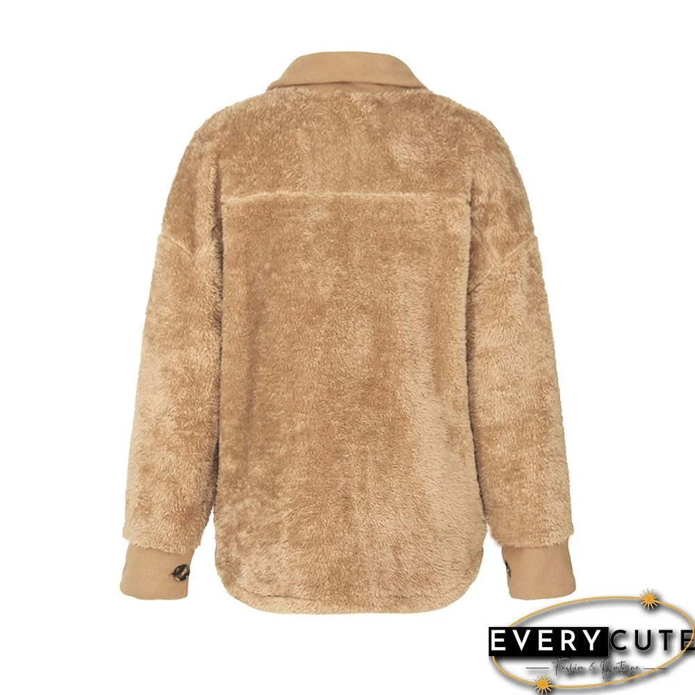 Khaki Double Side Fleece Button Warm Jacket