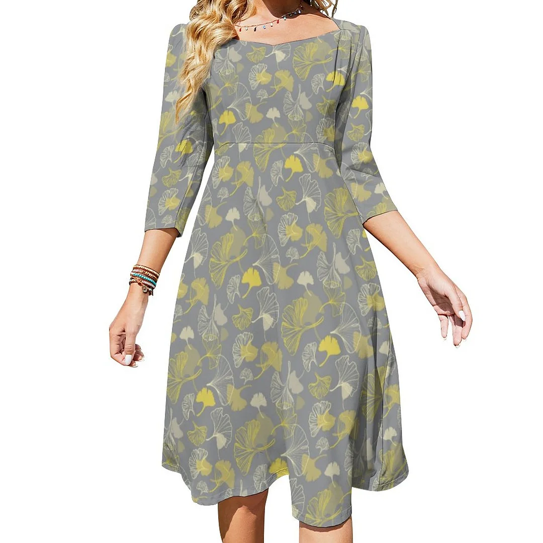 Novelty Ginkgo Gray And Yellow Pattern Dress Sweetheart Tie Back Flared 3/4 Sleeve Midi Dresses