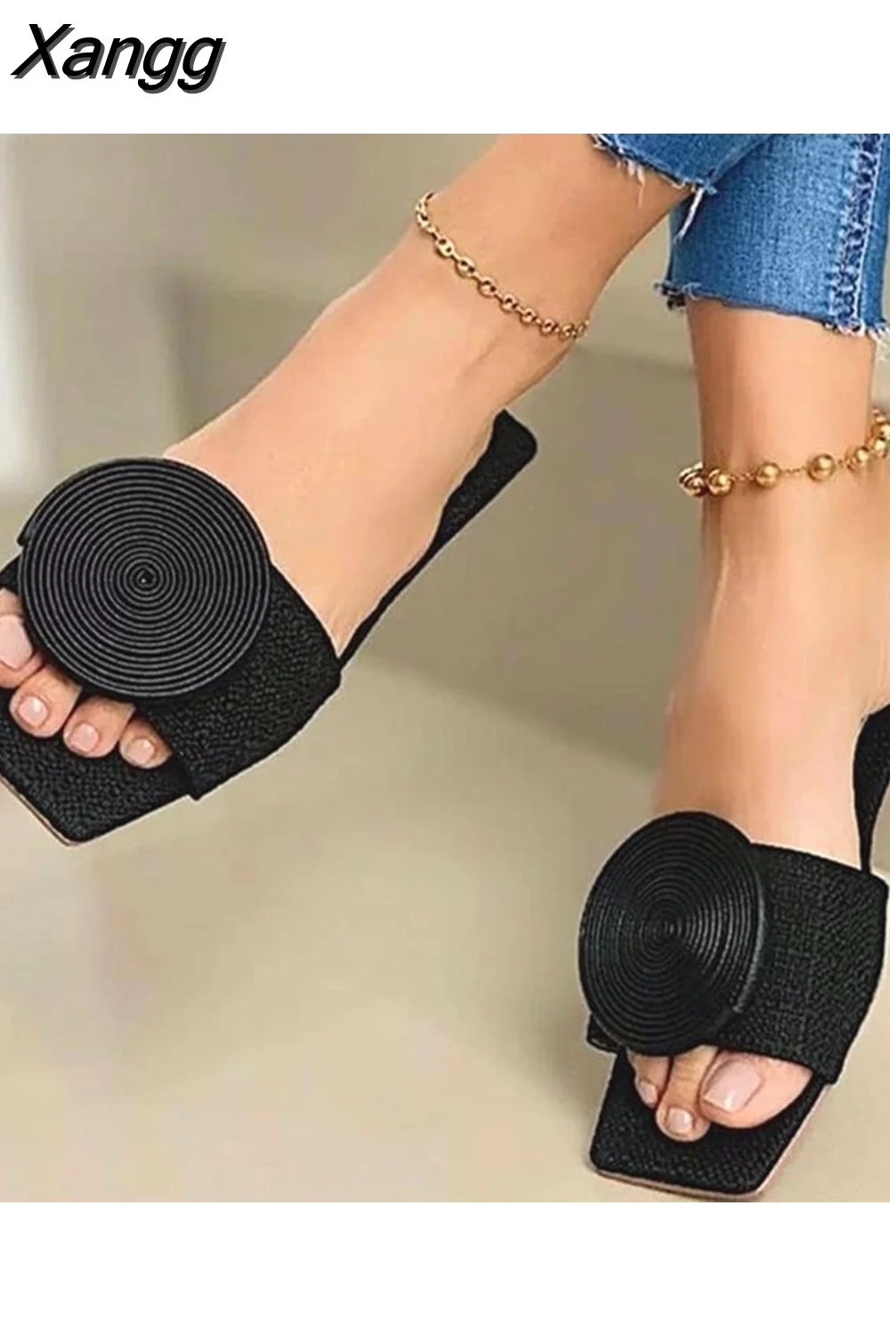 Punklens New Fashion Beach Shoes Woman Summer Flat Sandals Plus Size Round Buckle Solid Flats Female Casual Slippers Ladies Women