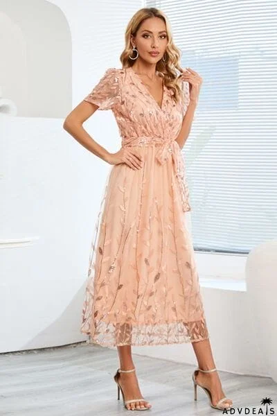 Sequin Leaf Embroidery Tie Front Short Sleeve Dress