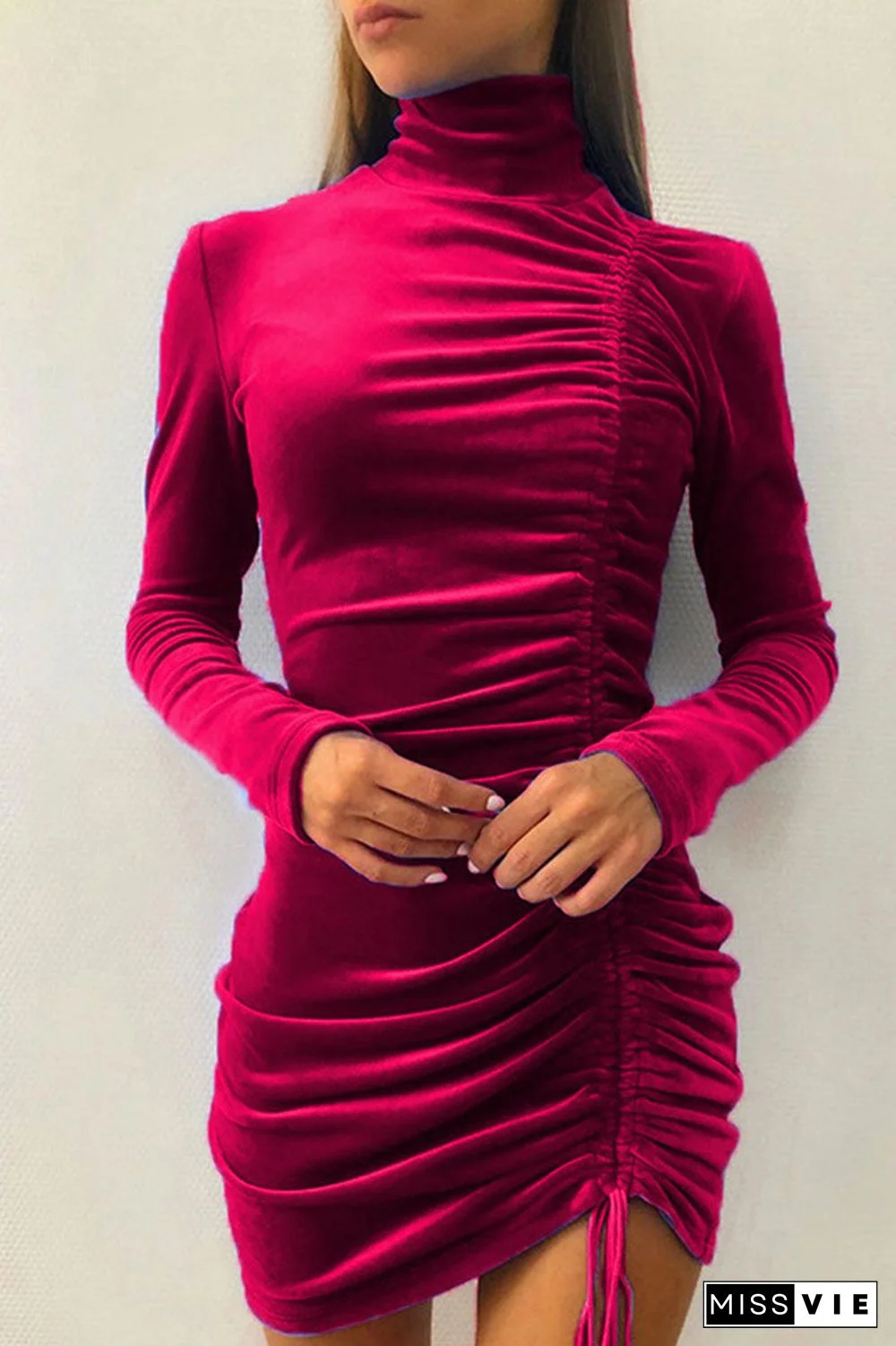 Sexy Elegant Solid Draw String Half A Turtleneck Wrapped Skirt Dresses(8 Colors)