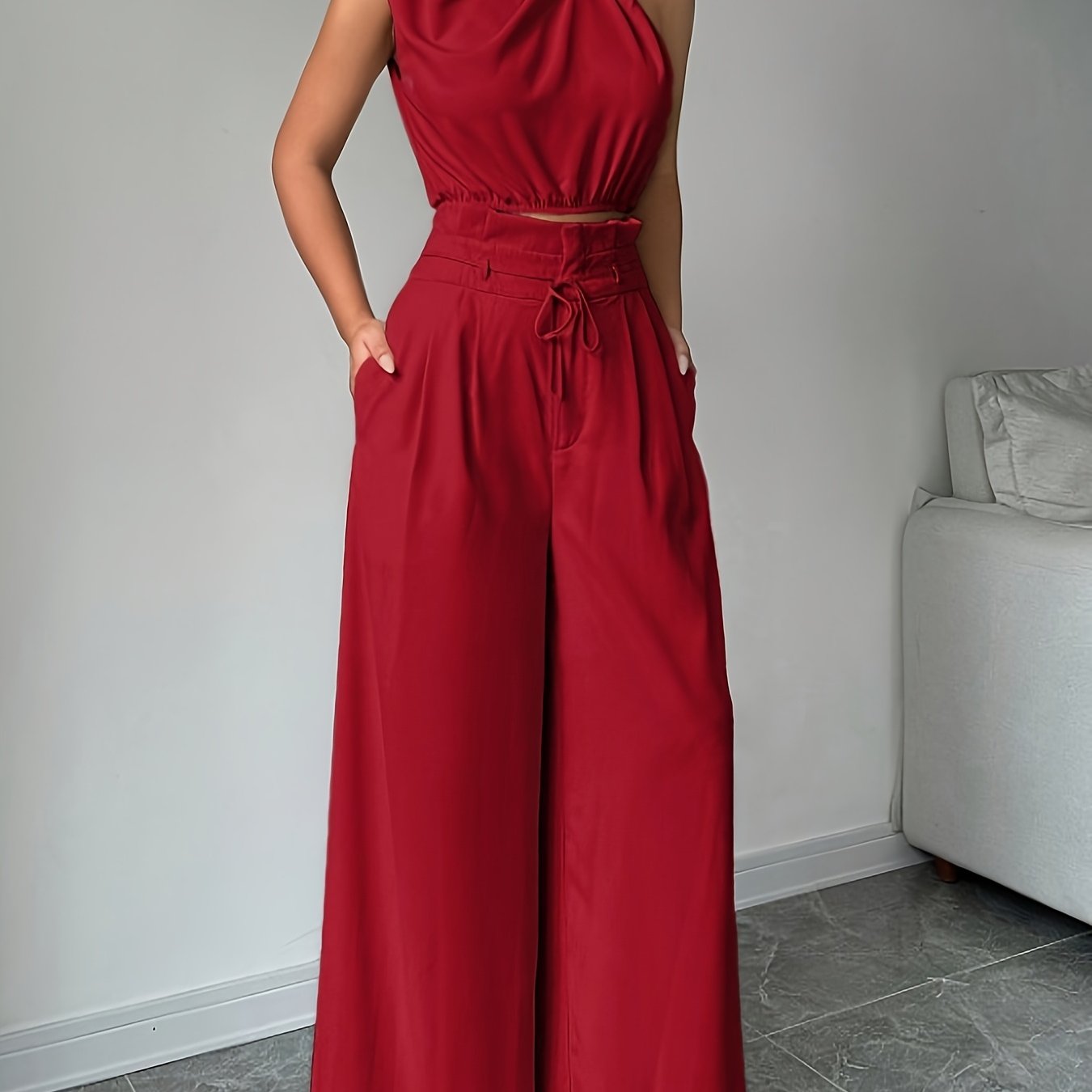 Women Solid Color One-shoulder Top And High-waisted Loose Wide-leg Long Pants Set