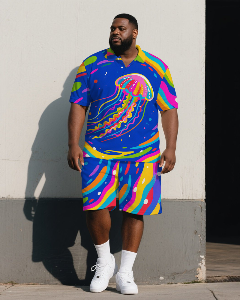 Big Men's Dreamy Cartoon Colorful Jellyfish Printed Short-Sleeve Polo Shirt & Shorts Set