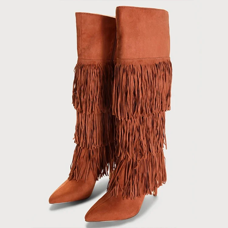 Brown Pointy Toe Vegan Suede Boots Classic Stiletto Heel Knee Fringe Boots |FSJ Shoes