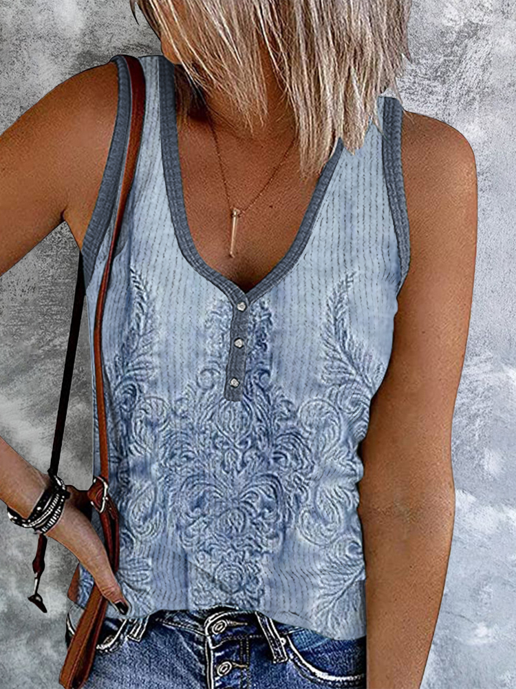 Comstylish Western Tribal Floral Print Button Casual Tank Top
