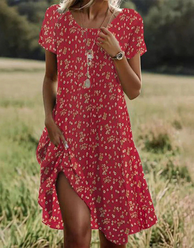 Huerhs Ethnic Style Printed Summer New Short Sleeved Dress Artistic Fashionable Women's Casual Round Neck Mid Length Dress
