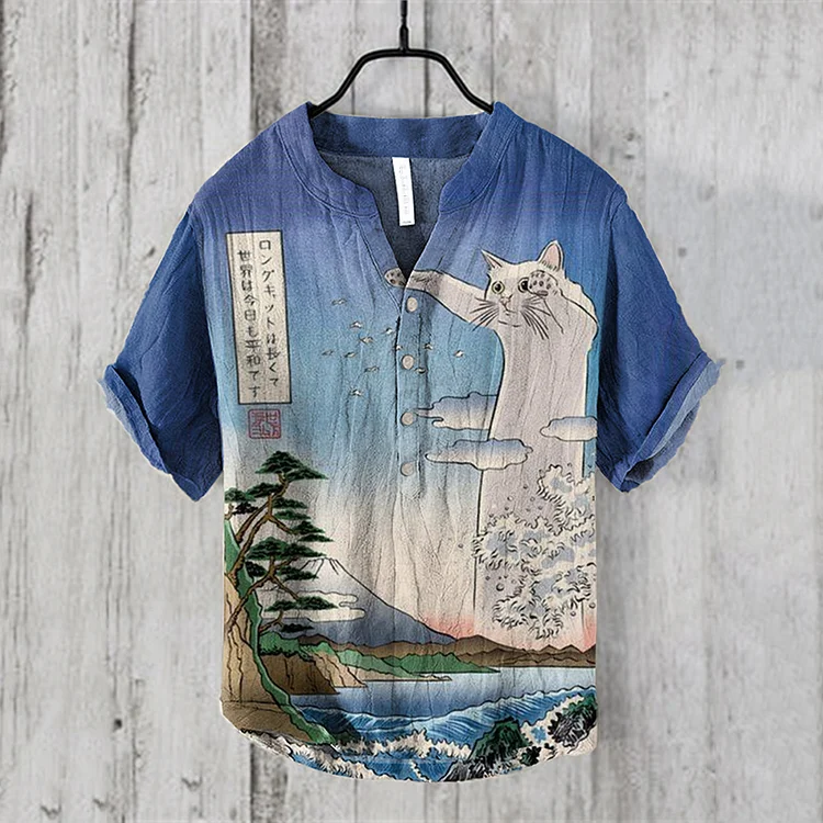 Comstylish Japanese Cat Landscape Art Print Henry Collar Shirt