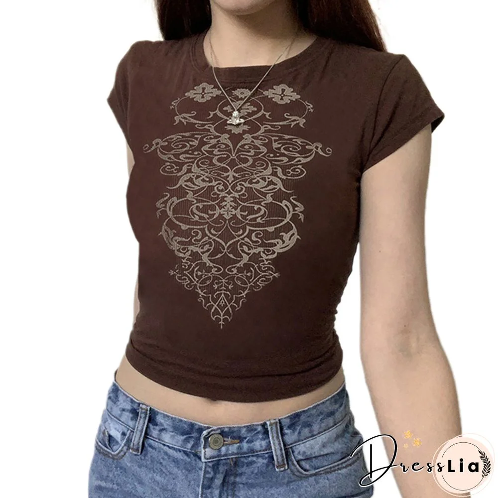 Summer Graphic T Shirt Round Neck Women Harajuku Print Vintage Black Brown Fairy Grunge Short Sleeve Crop Top 2000s