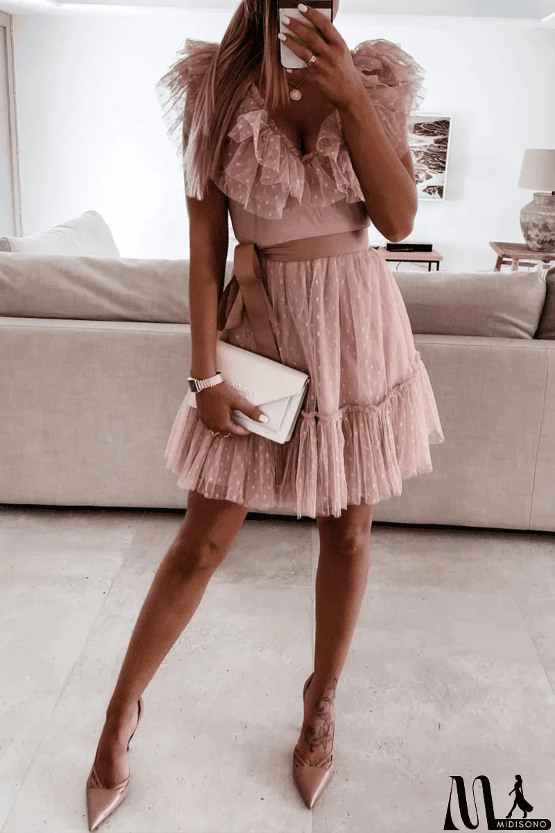 MidiSono - Dot Mesh V Neck Cake Skirt Dresses