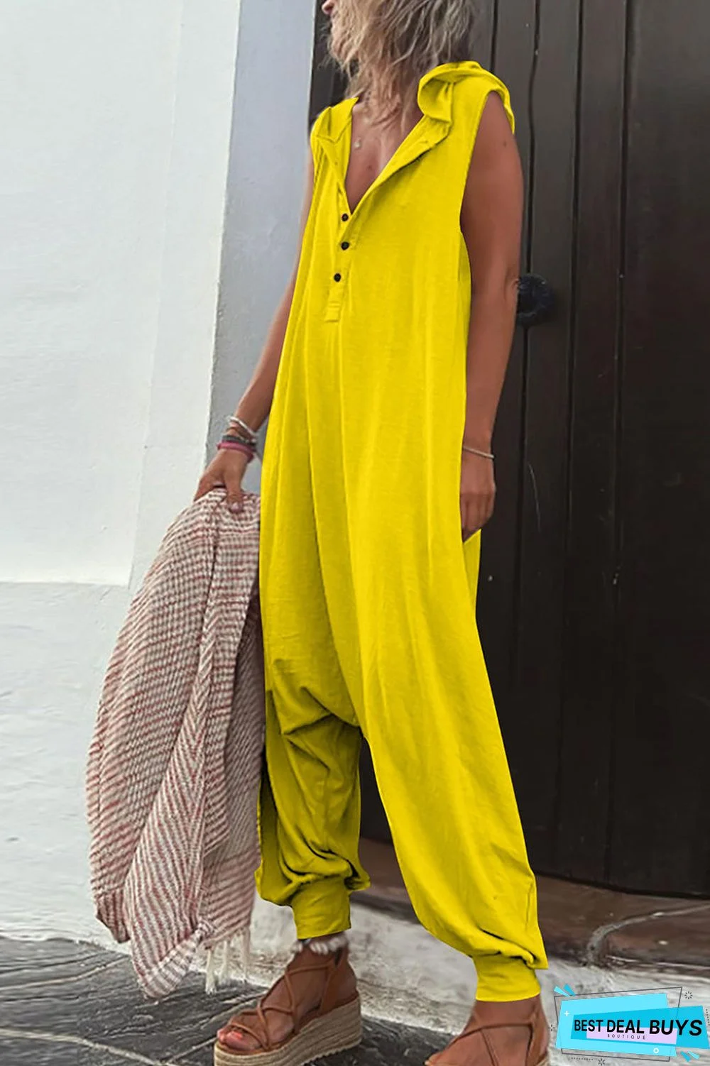 Casual Solid Buckle Hooded Collar Loose Jumpsuits(10 Colors)