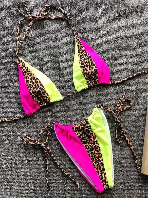 Split-Joint Leopard Lace-Up Bikinis Swimwear