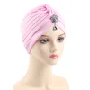 Plain Colors Pleated Knot Hat Rhinestone Pendant Cap