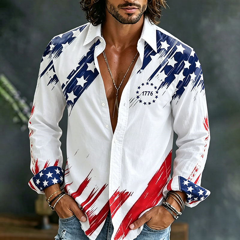  Men's Flag Art Print Flowy Linen Blend Shirt Westsshops