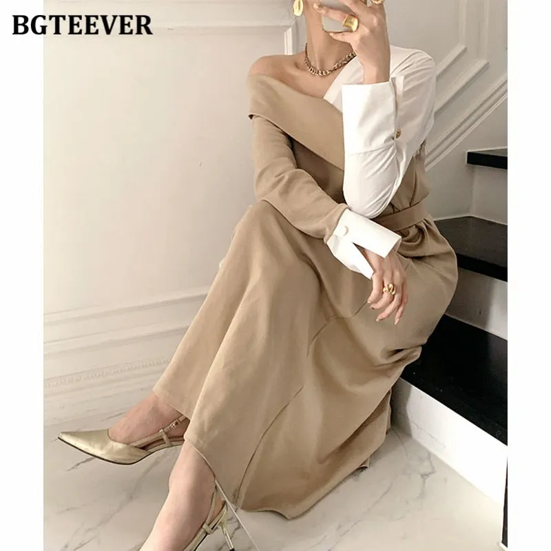 BGTEEEVR Stylish V-neck Patchwork Women A-line Dress Chic Full Sleeve Lace-up Long Female Dress Elegant Spring Dress Vestidos