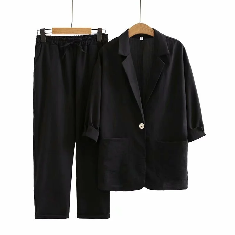 Wongn New Fashion Casual Cotton Linen Suit Top + Pants Two-piece Se Linen Set for Women Women's Suits Set 2 Elegant Pieces,