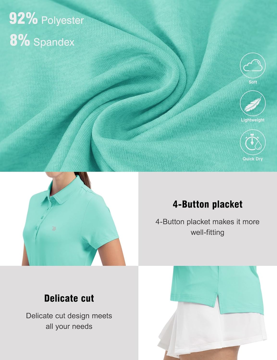 Women's Golf Polo Short Sleeve Shirts Lightweight Moisture Wicking Collared T Shirt Quick Dry 4-Button