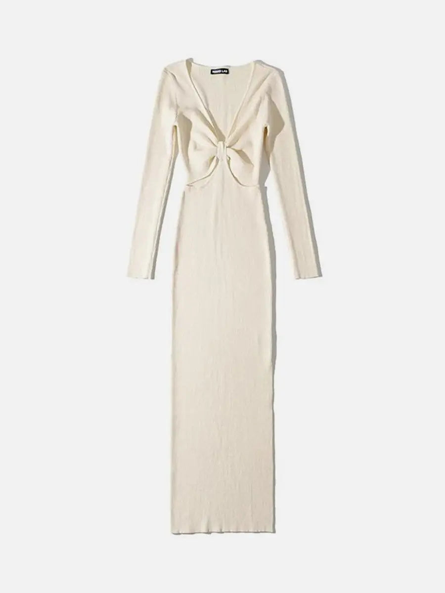 V Neck  Long Sleeve Hollow Out Slim Fit Midi Dress