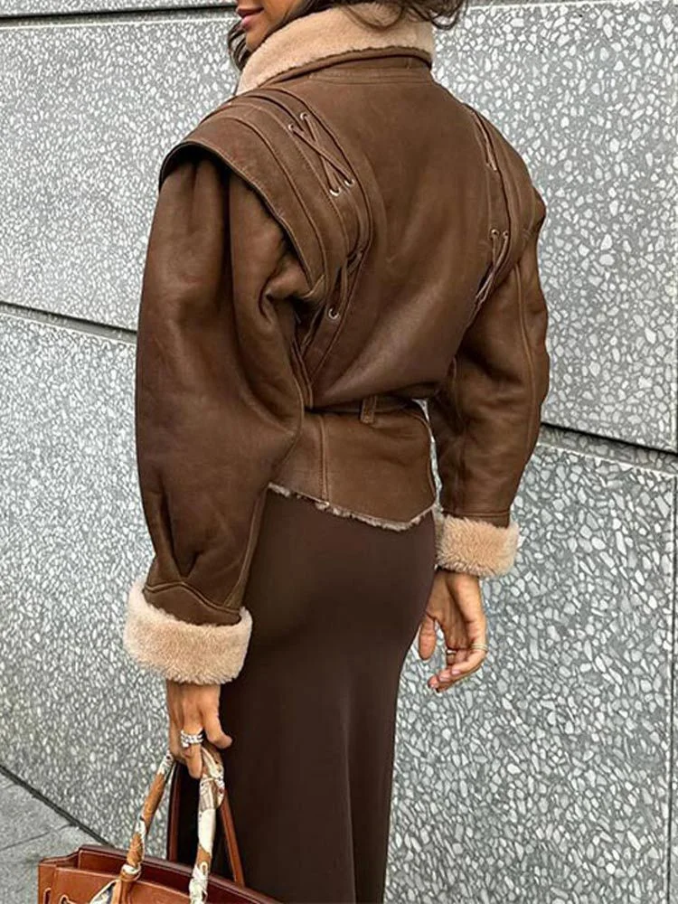 Woherb 2024 Suede Suede Jacket Lace-Up Jacket Fashion Vintage Female Autumn And Winter Short Warm Coat-Outfit Ideas