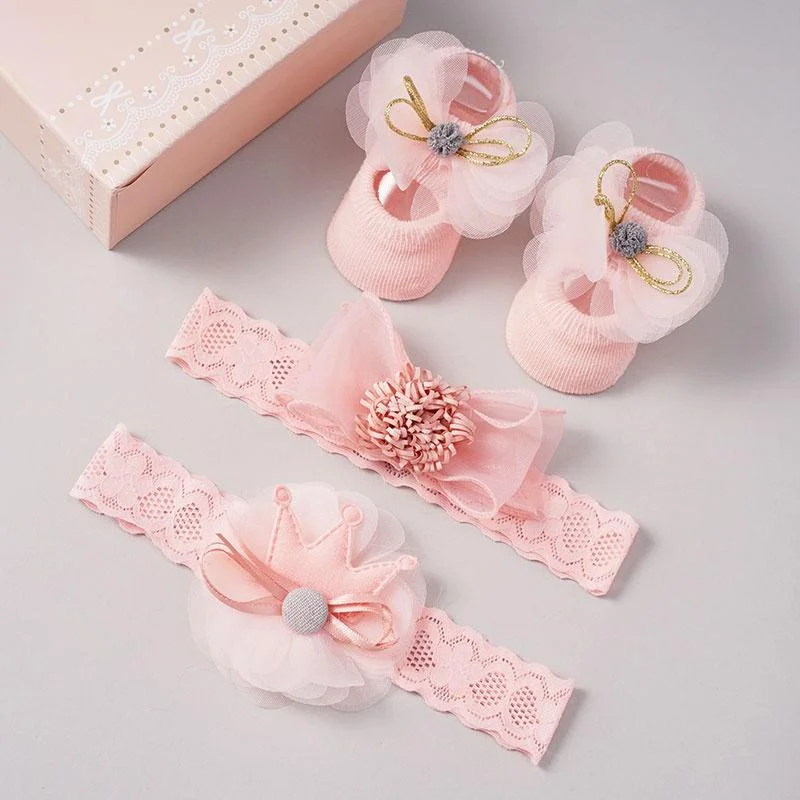 Baby Lovely Lace Crown Bow Headband and Floral Socks
