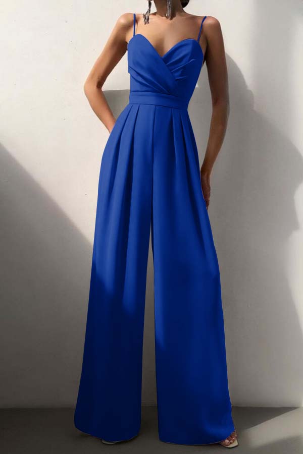 Hidais Chic Lilac Sweetheart Spaghetti Strap Sleeveless Pleated Long Wid-Leg Jumpsuit