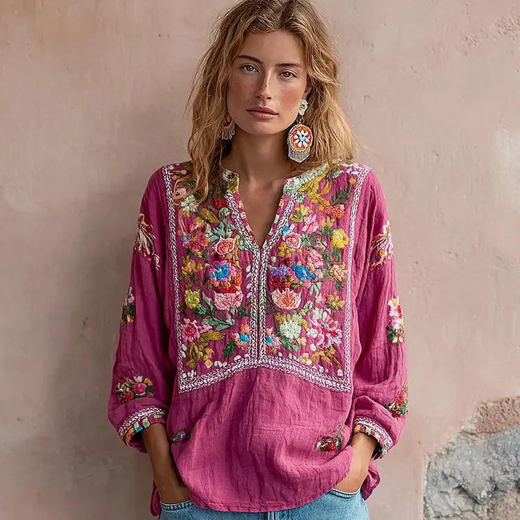 Women's Vintage Flower Embroidery V-neck Long Sleeve Linen Blend Blouse
