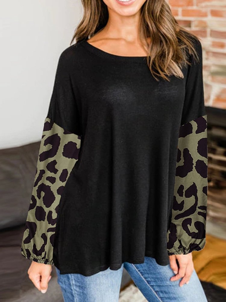 Crew Neck Leopard Print Patchwork Long Sleeve Blouse For Women P1570472
