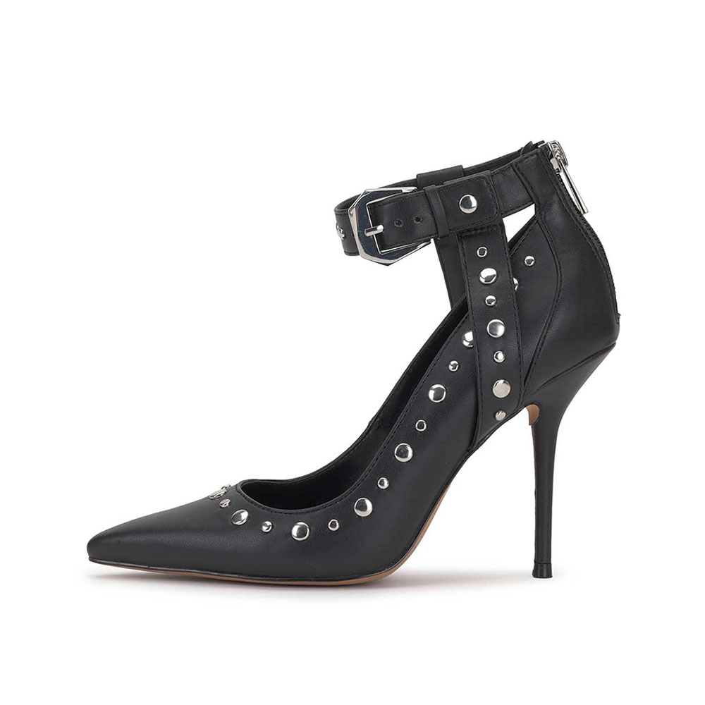 Black Vegan Leather Pointed Toe 4‘’ Stiletto Heel Studded Buckle Pumps Nicepairs