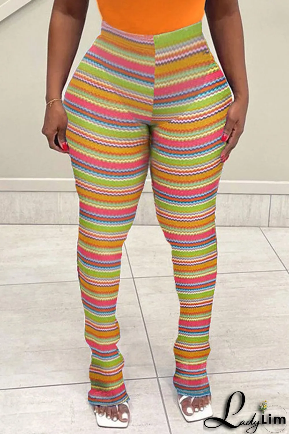 Pink Yellow Fashion Street Striped Print Patchwork Fold High Waist Speaker Full Print Bottoms