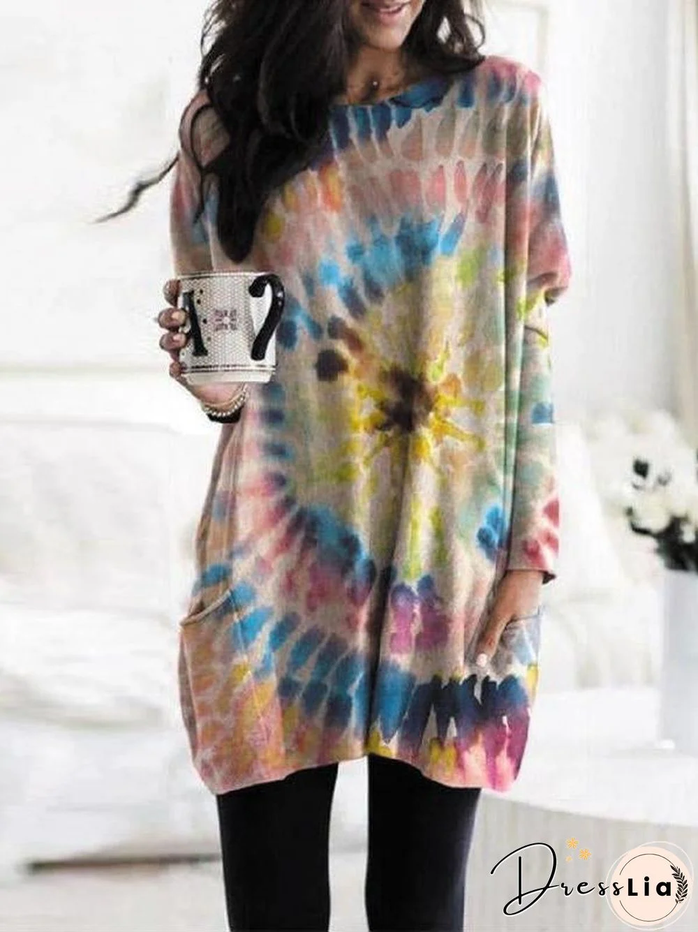 Long Sleeve Printed Shift Dress With Pocket