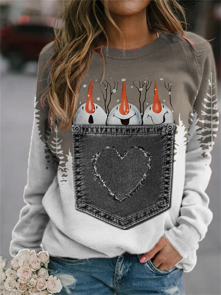 Wearshes Christmas Pocket Carrot Snowman Print Sweatshirt