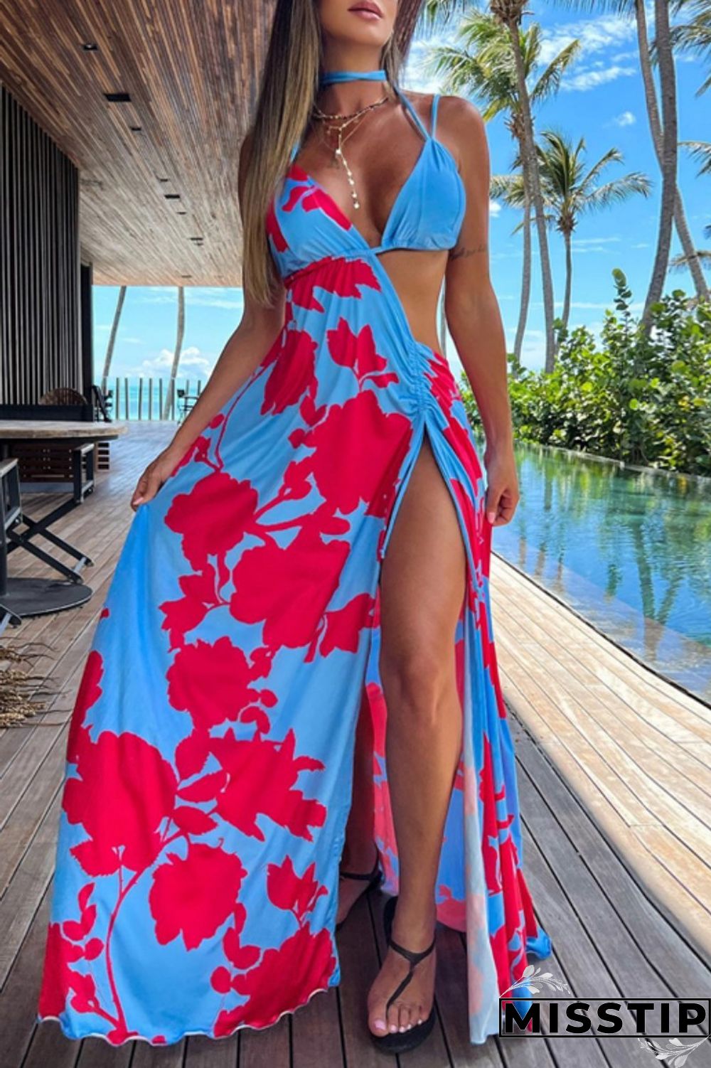 Blue Sexy Print Patchwork Backless Slit Asymmetrical Halter Long Dress Dresses